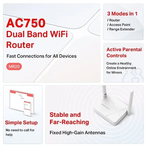 Маршрутизатор MR20 AC750, 2xFE LAN, 1xFE WAN Mercusys teh0017245 - фото 7