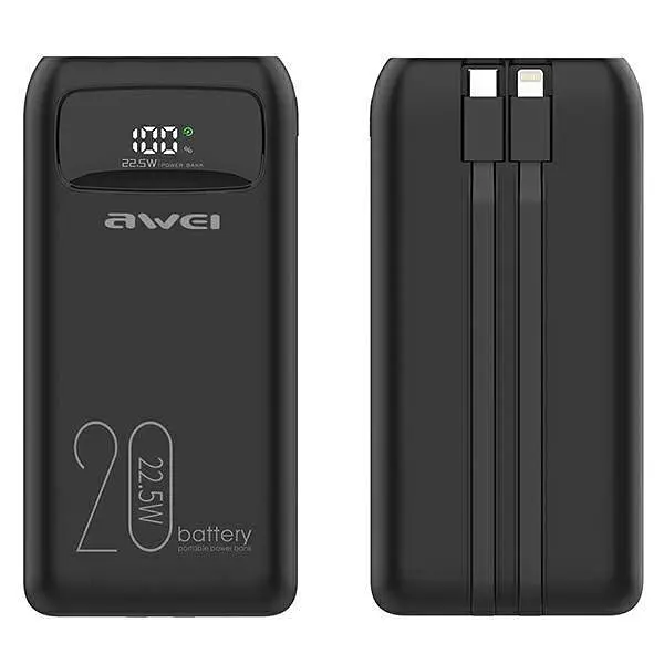 Дополнительная батарея – портативный аккумулятор Awei P169K 20000 mAh 22 W с 2 кабелями - фото 2