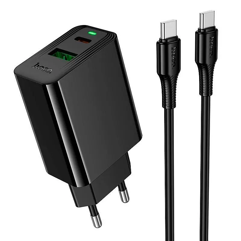 Адаптер зарядний HOCO Leader charger set CS94A + кабель C to C 2 виходи 1USB + 1Type-C PD QC 20W чорний