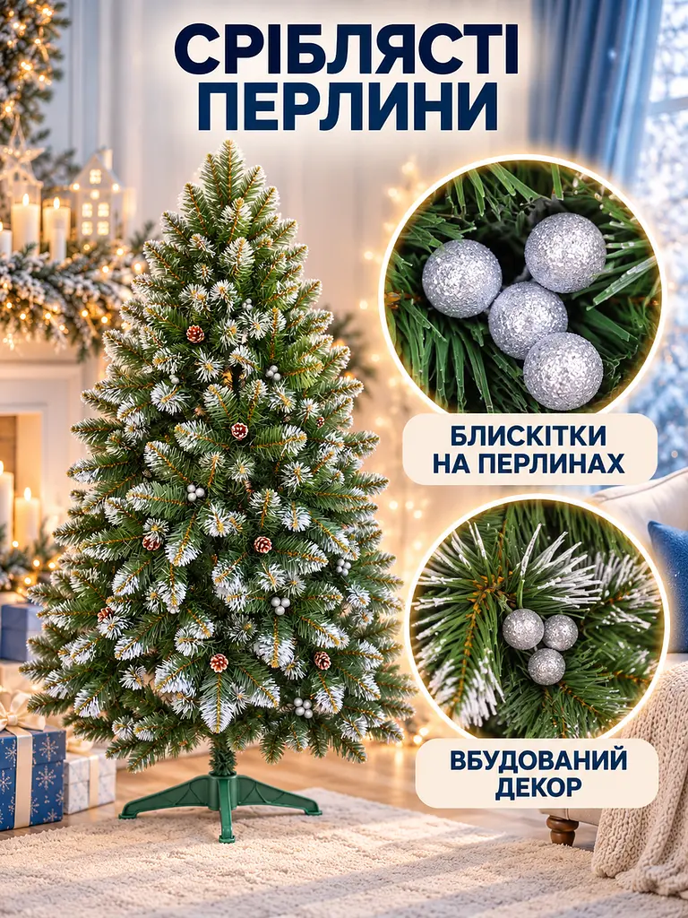 Сертифицированная елка искусственная пушистая с снегом и серебряными шишками и жемчужинами YaLINKA КS18 180 см с - фото 5