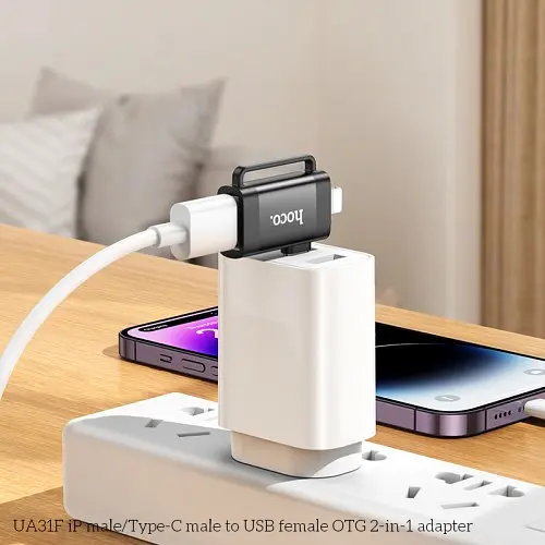 Перехідник Hoco UA31F iP male/Type-C male to USB female OTG 2 в 1 adapter чорний - фото 2