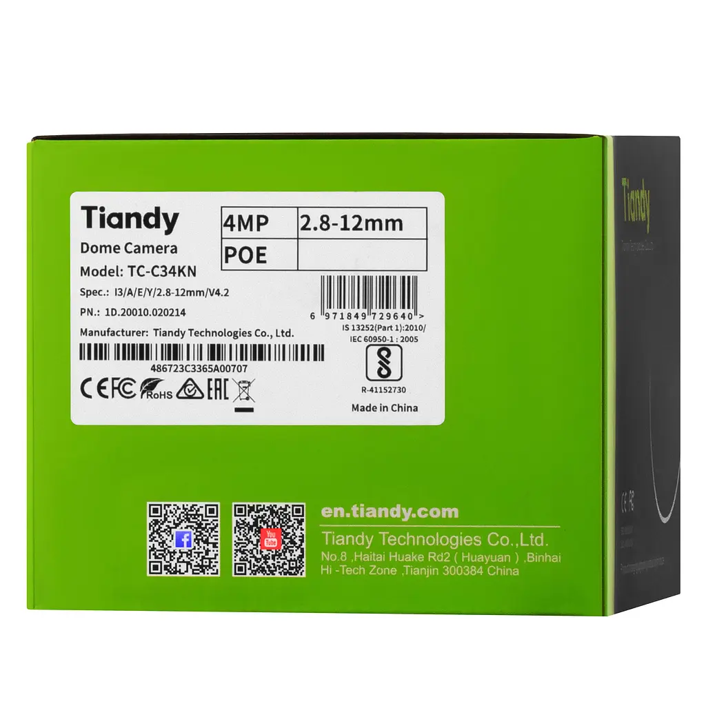 IP-камера TC-C34KN Spec:I3/A/E/Y/2.8-12mm/V4.2, 4MP, Dome, 2.8-12mm AVF, f/1.6, IR30m, PoE, I Tiandy teh0016024 - фото 4