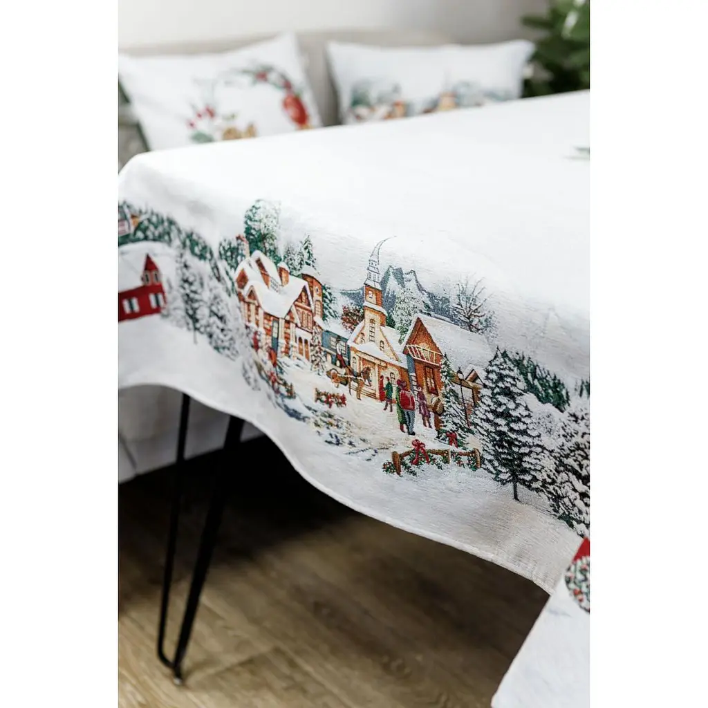 Скатерть гобеленовая с велюром Прованс Зимний город 260х135 см белая (31297) - фото 4
