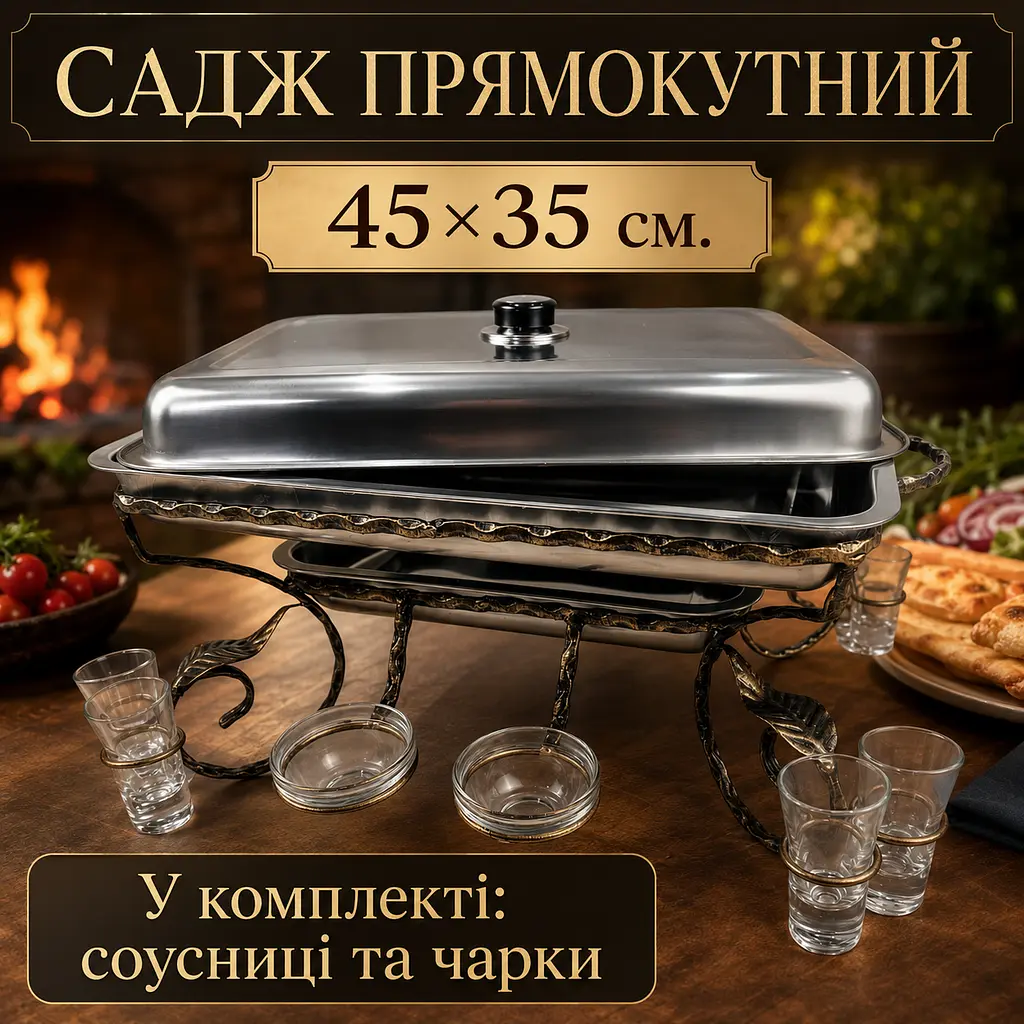 Садж прямокутний для подачі та підігріву шашлику 45х35 см з соусницями, чарками і кришкою - фото 5