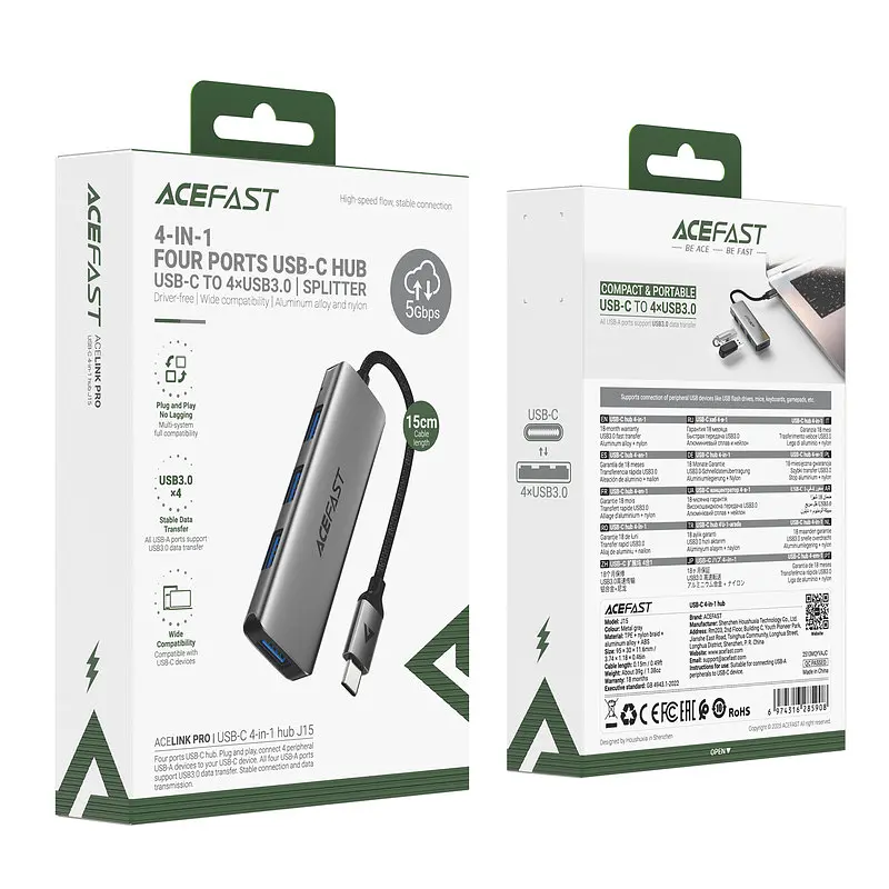 USB-хаб ACEFAST J15 USB-C 4-in-1 HUB металево-сірий - фото 2