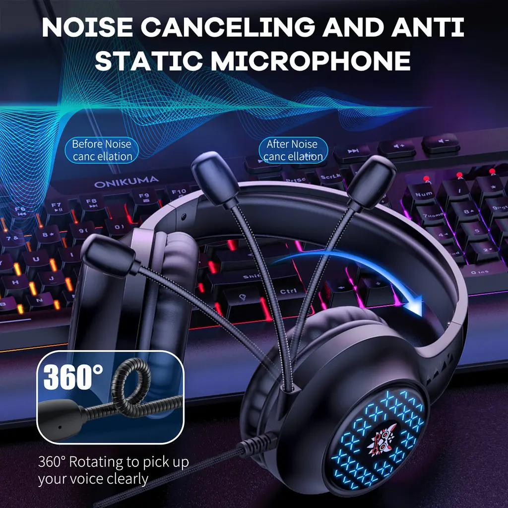 Дротова ігрова гарнітура Onikuma Gaming with LED X7, USB, 3.5mm, 2.2m, black - фото 5