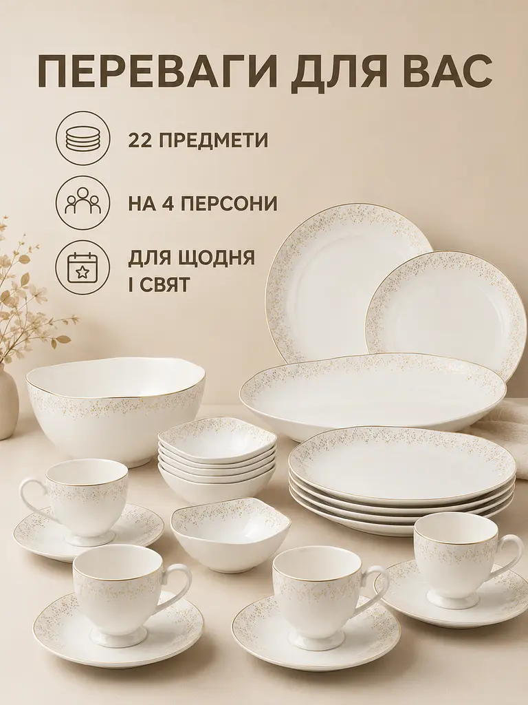 Столовий сервіз із порцеляни на 4 персони 22 предмети, чашки 250 мл, блюдо 35,5×25 см, колір слонової кістки (49676279) - фото 2
