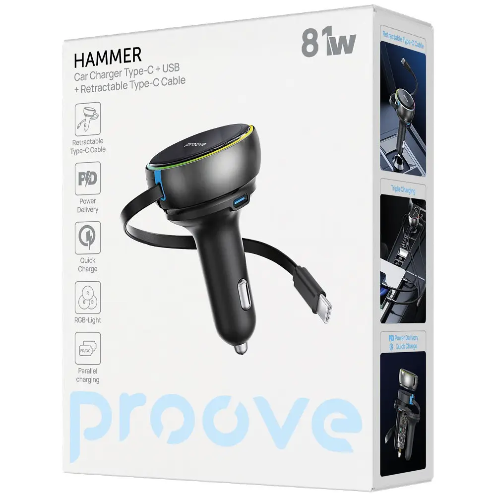 АЗП Proove Hammer 81W (Type-C + USB) + Retractable Type-C Cable - фото 2