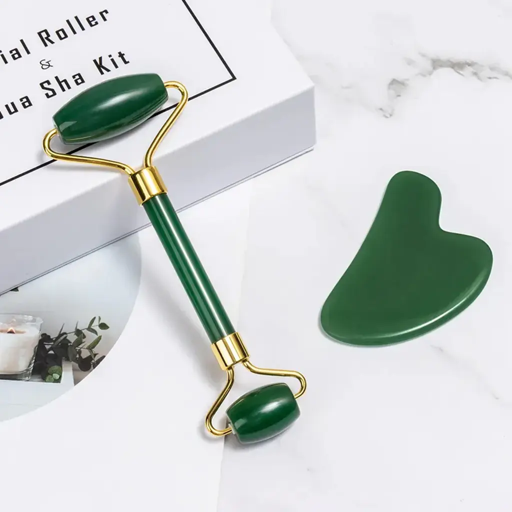 Набір для обличчя із зеленого нефриту: роликовий масажер і скребок Гуаша Reclaire cosmetics - фото 5