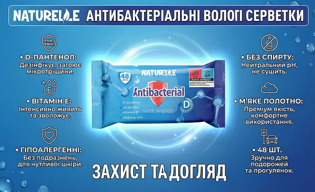 Вологі серветки антибактеріальні Naturelle Antibacterial D-panthenol 48 шт. Серветки які не подразнюють шкіру - фото 2