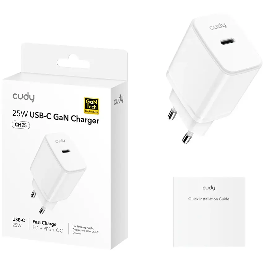 Зарядний пристрій 1xUSB 25W, (GaN, 1хUSB-C, QC+PD 3.0, вилка ЄС, для iPhone серії 12 та новітніх мод. - фото 2