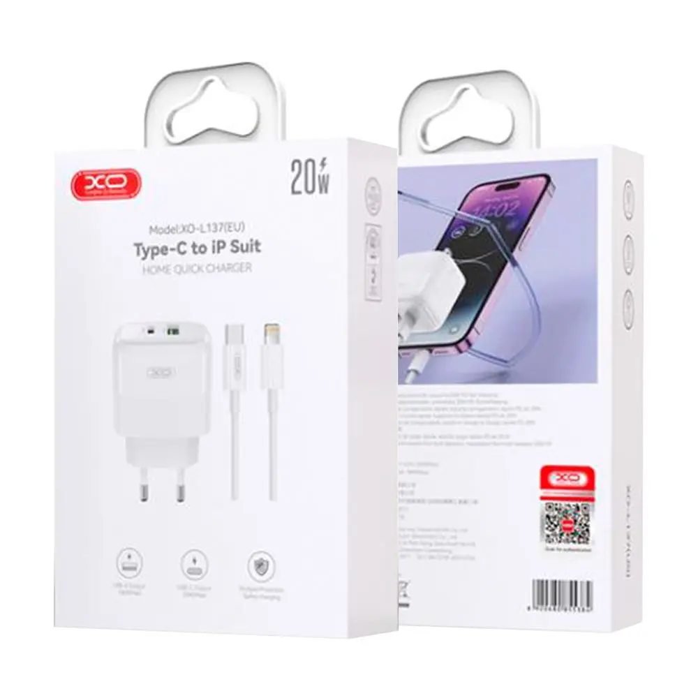 Зарядний комплект XO L137 20w PD/QC3.0 USB-C/USB-A ports charger Type-C to Lightning White (34379_3340095) - фото 3