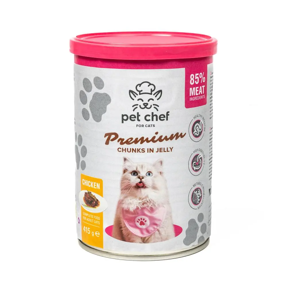 Корм вологий для дорослих котів Pet Chef, шматочки в желі з куркою 415 г