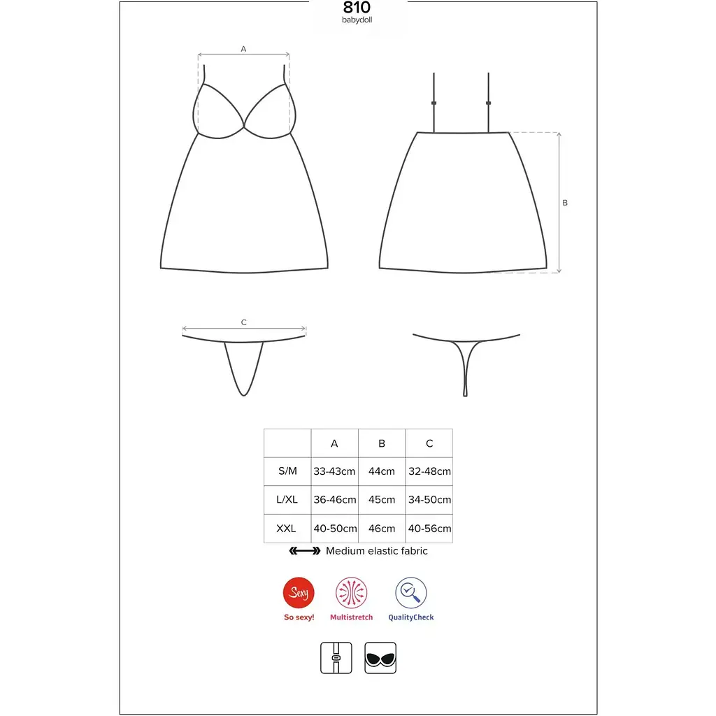 Сатиновий пеньюар із мереживом Obsessive 810-BAB-1 Babydoll & Thong S/M, чорний, пеньюар, танга - фото 7