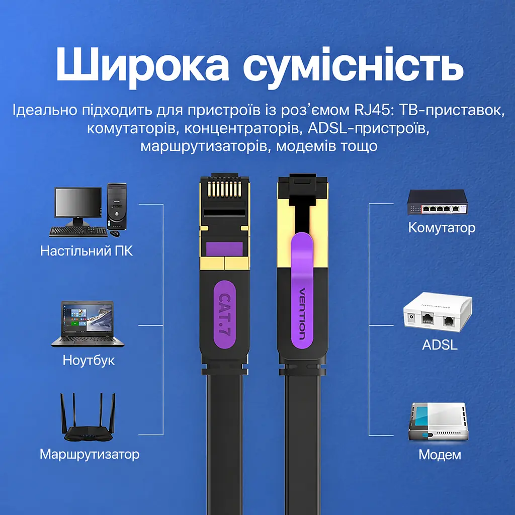 Плоский патч-корд Ethernet Vention 2 м LAN-кабель 2 штекери RJ45 8P8C на обох кінцях Cat.7 до 10 Гбіт/с Для 10 Гбіт/с потрібна підтримка портів пристроїв та інших компонентів мережевого каналу Товщина кабелю 2,5 мм для прокладання у вузьких місцях Екранування алюмінієвою фольгою Чорний із фіолетовими та золотистими акцентами (ICABH) - фото 4