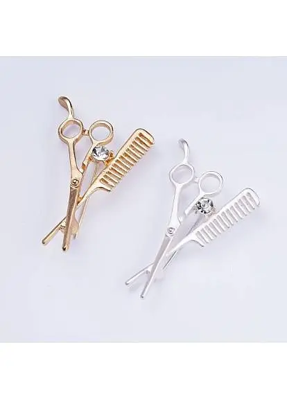 Брошь ножницы с расческой булавка жетлая - фото 2