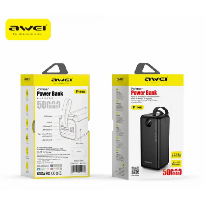Павербанк чорний Power bank AWEI P114K 50000mAh PD 22,5W - фото 3