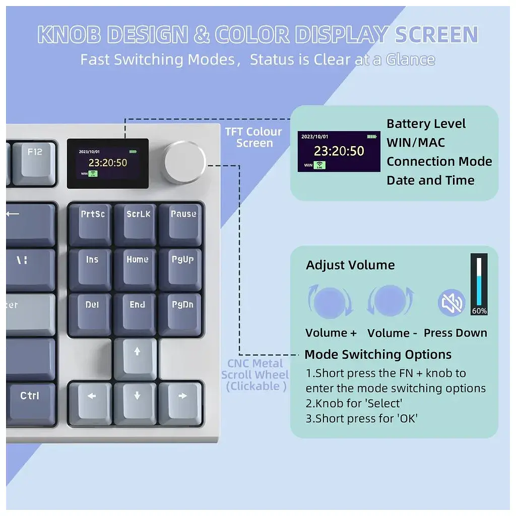 Клавіатура Attack Shark K86 RGB Wireless/Bluetooth/USB UA Retro Grey (K86MN_AS) - фото 3