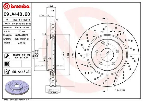 Диск гальмівний передній вентильований Mercedes C-class, Slk, Clk 00-11р Brembo (09.A448.21) - фото 2