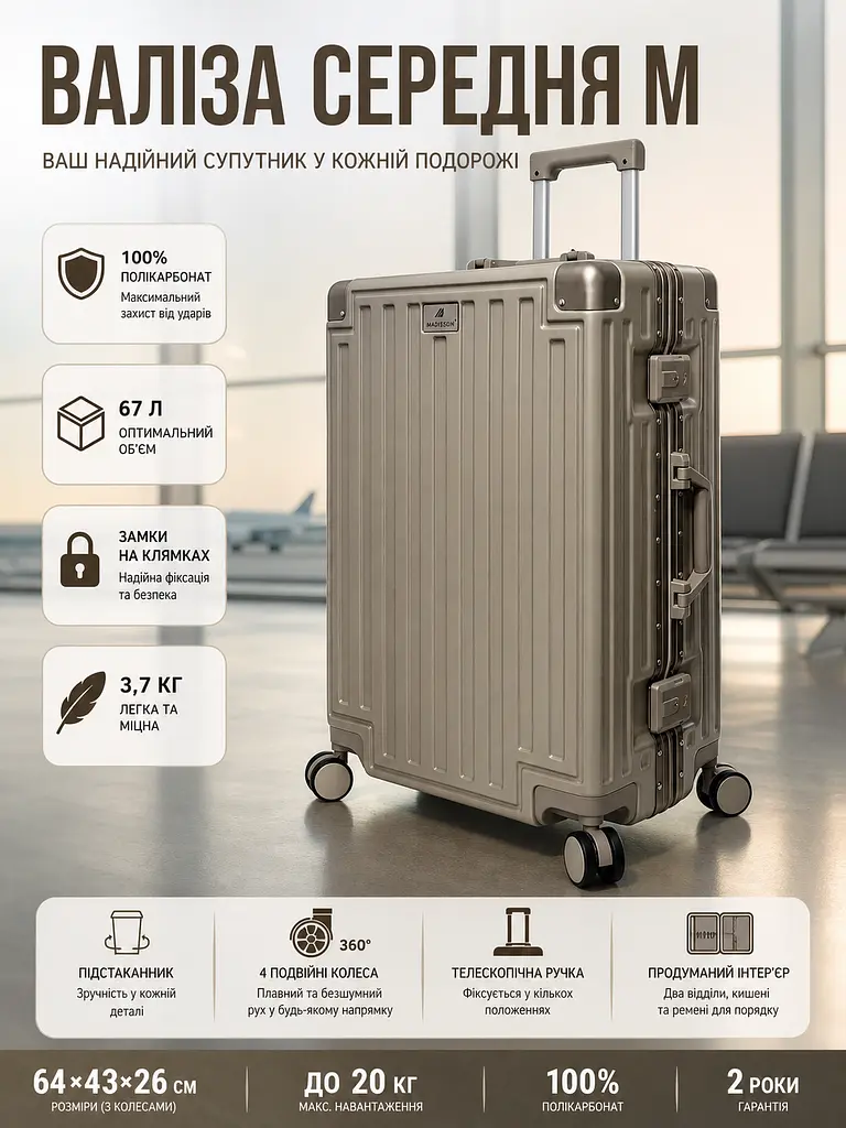 Валіза середня M Madisson Snowball 66503 M 64x43x26 см 100% полікарбонат на клямках Шампань - фото 3