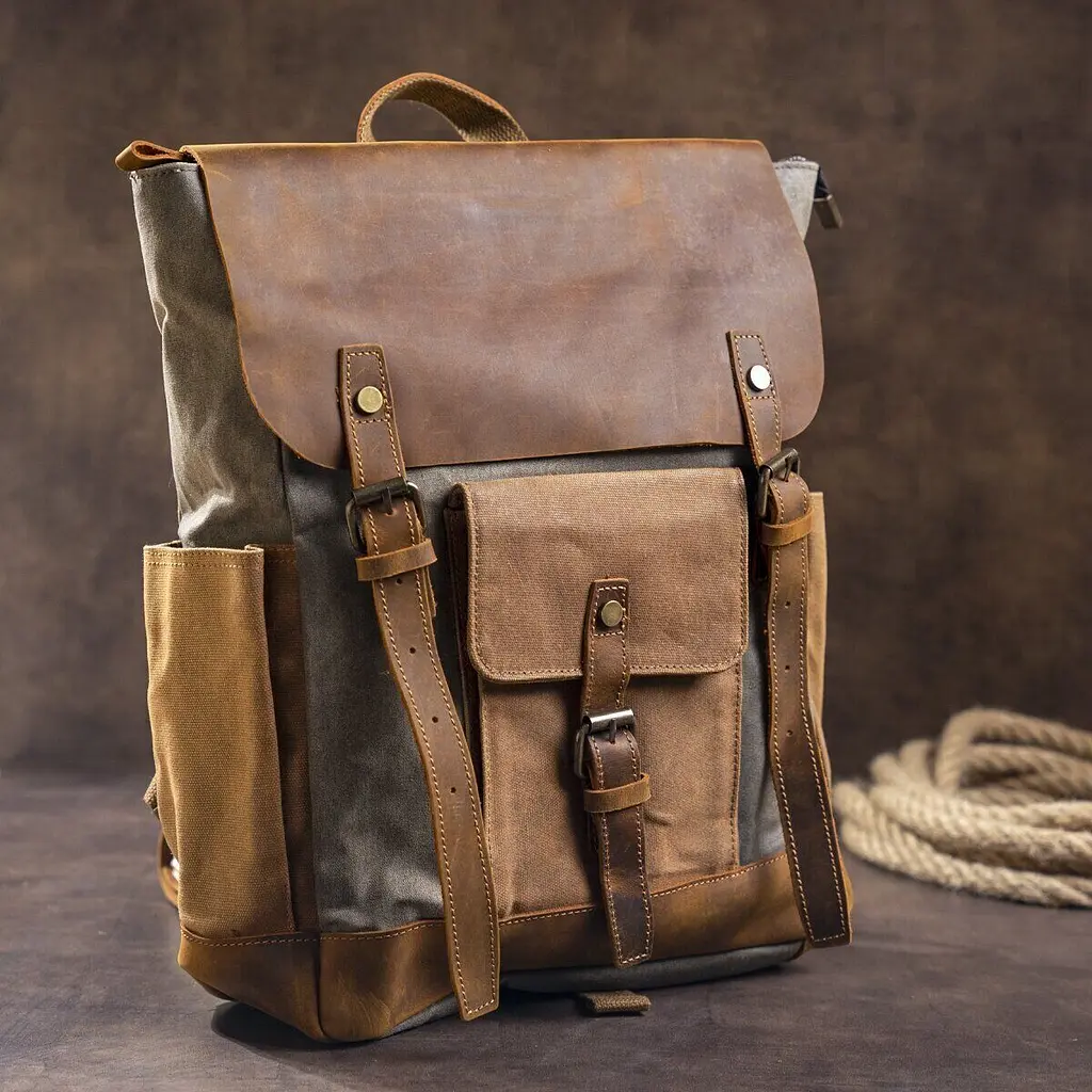 Зручний рюкзак з кишенями canvas 20111 Vintage сірий-коричневий - фото 5