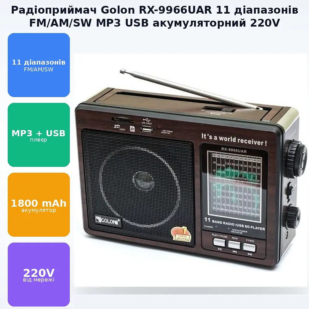 Радіоприймач акумуляторний всехвильовий 4хR20 MP3 USB FM 88-108MHz радіо Golon RX-9966 UAR - фото 2