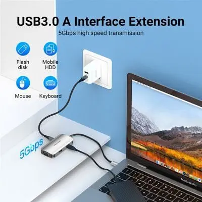 Концентратор Vention USB3.1 Type-C --> HDMI/VGA/USB 3.0/PD 100W Hub 4-in-1 (TOAHB) - фото 6