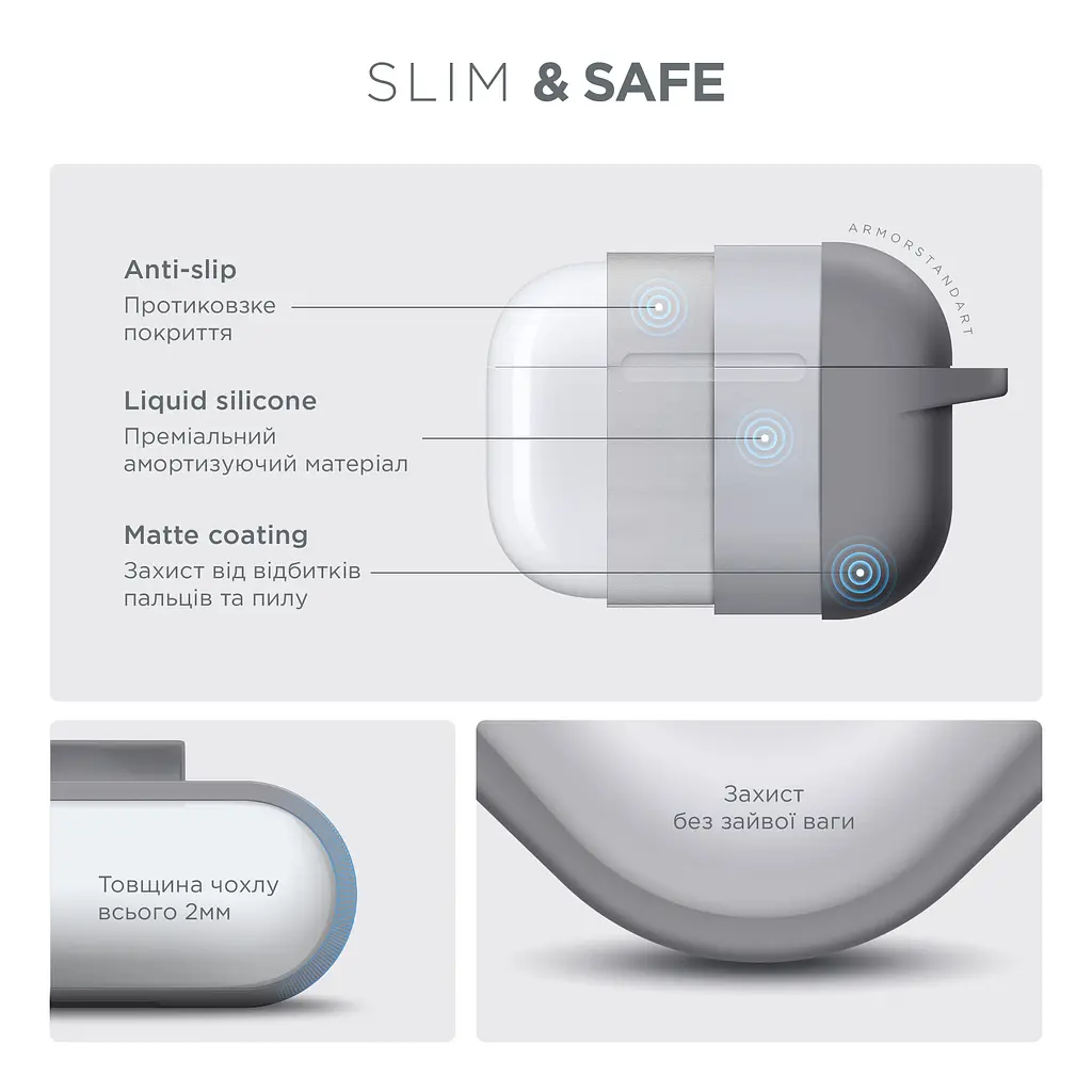 Силіконовий чохол для навушників Apple AirPods Pro 2 2022, Hang Case, сірий, ультратонкий захисний кейс товщиною 2 мм, захист від подряпин, пилу та ударів, компактний, з карабіном для кріплення, ArmorStandart (ARM68587) - фото 3