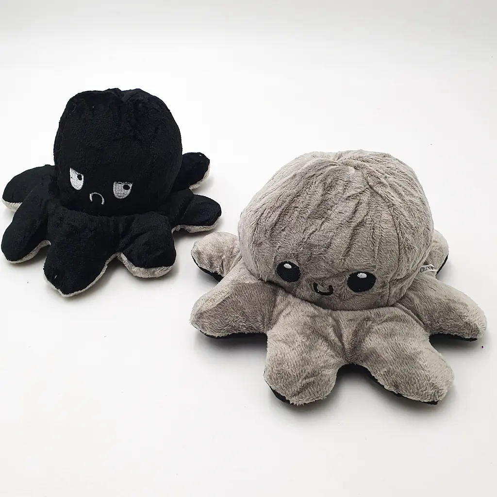 М'яка іграшка Восьминіг перевертень двосторонній веселий сумний Mood Octopus 16 см UKC чорно/сірий