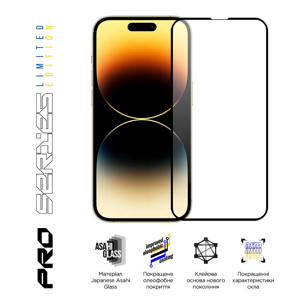 Захисне скло для Apple iPhone 14 Pro Max, Pro 3D LE, повноекранне 3D скло з рамкою, глянцеве, загартоване, протиударне, ультратонке, поліпшене олеофобне і гідрофобне покриття, 9H, повне проклеювання, ArmorStandart (ARM77602) - фото 3
