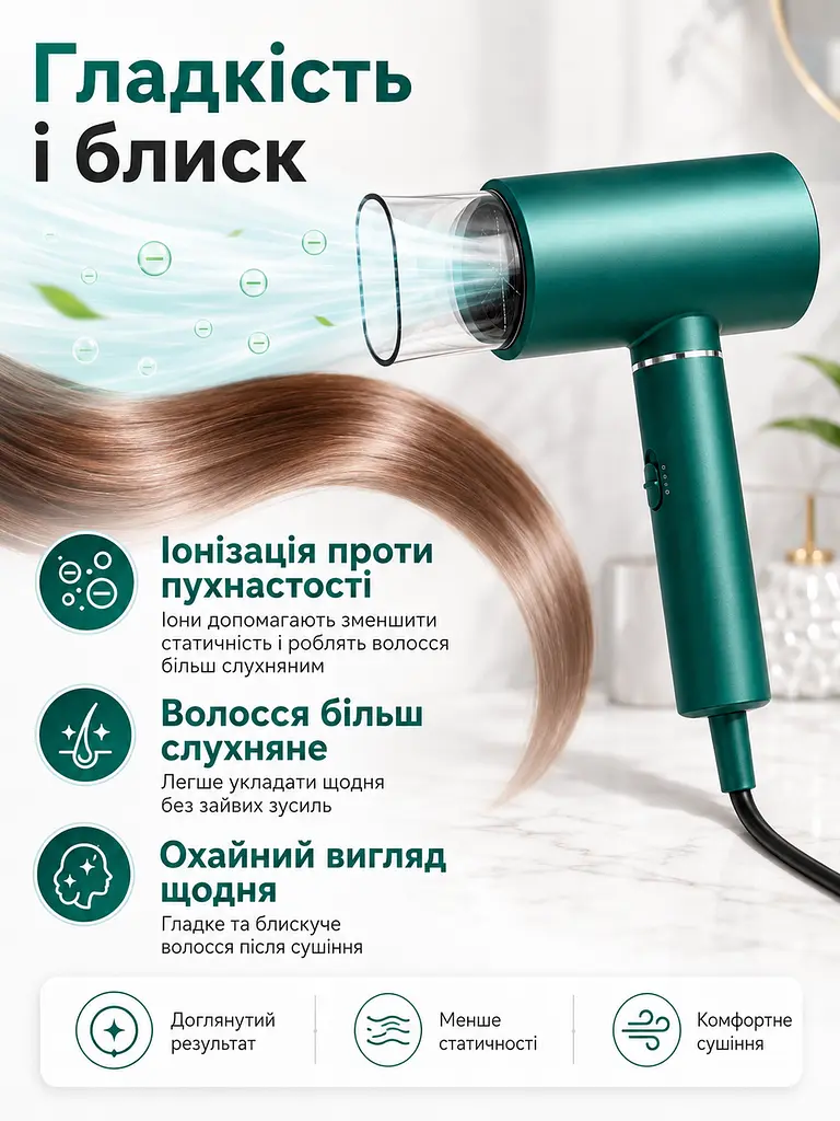 Професійний фен зелений 1800 W з холодним обдувом, іонізацією та насадкою-концентратором (49675926) - фото 3