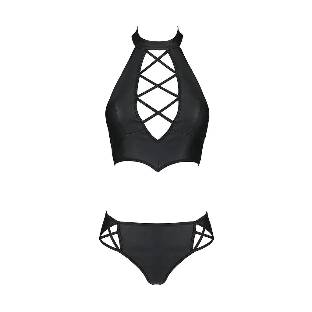 Комплект з еко-шкіри Passion NANCY BIKINI S/M, black, бра та трусики з імітацією шнурівки - фото 5