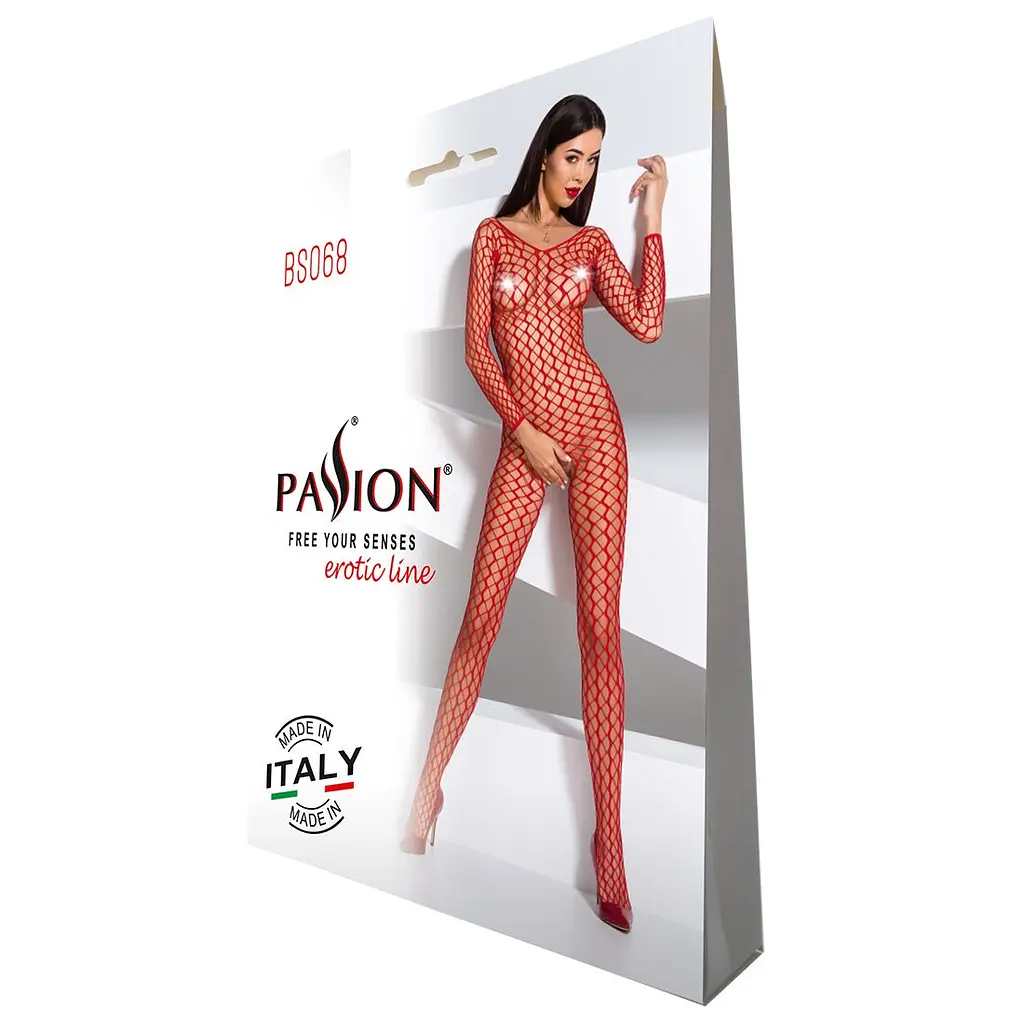Бодістокінг Passion BS068 red, комбінезон, велика сітка, довгий рукав - фото 5
