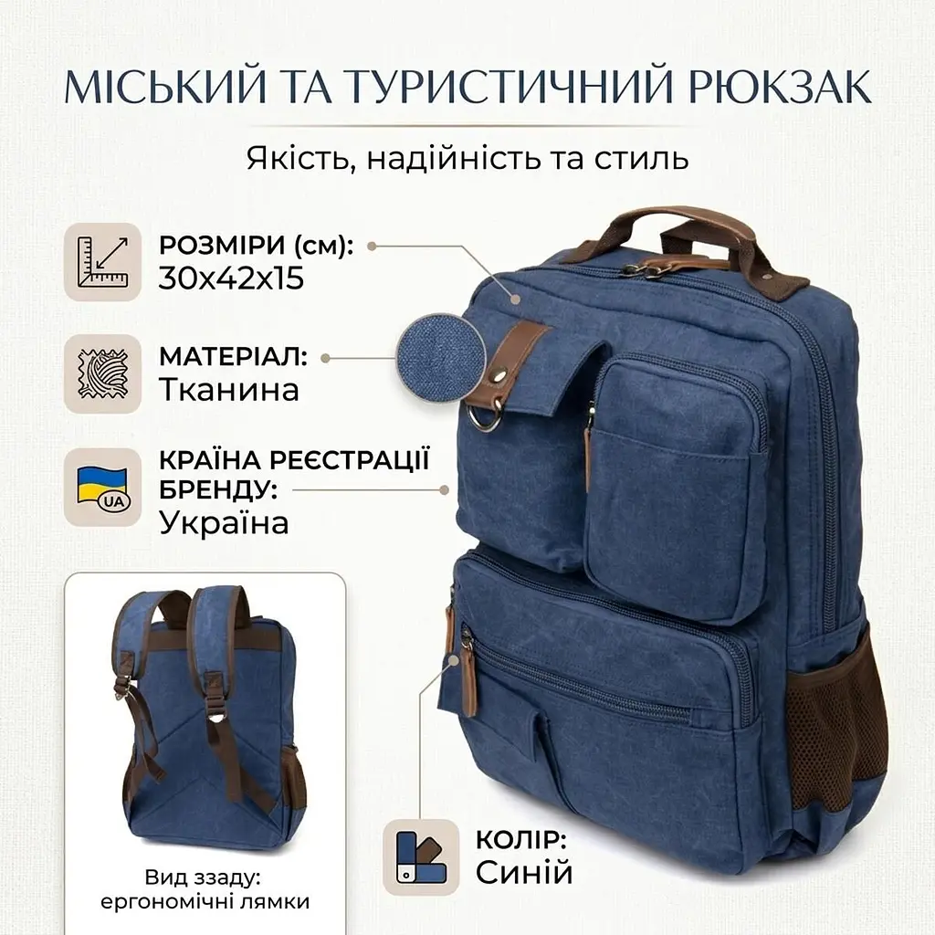 Рюкзак текстильний дорожній унісекс 20621 Vintage синій - фото 3