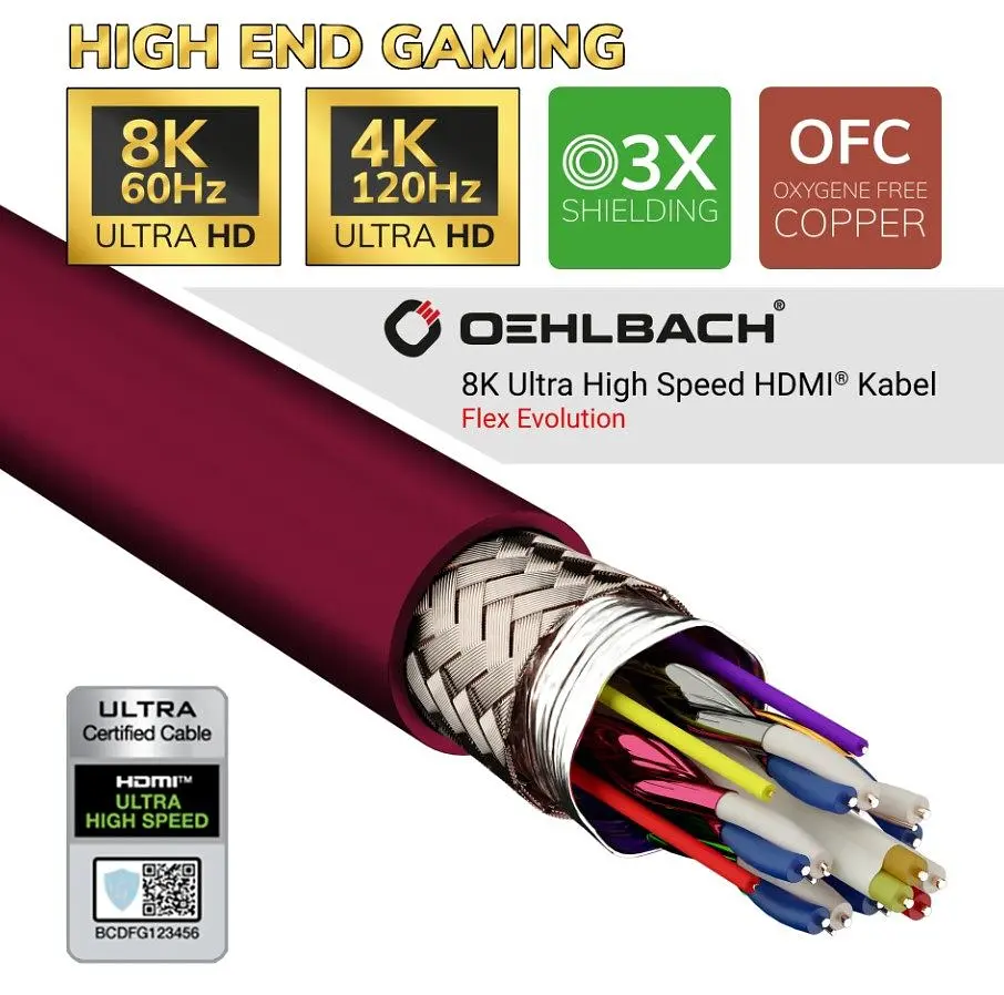 Кабель HDMI Oehlbach Flex Evolution Ultra High-Speed v2.1 8K 48Gbit HDR Ethernet ARC 2м Burgundy - фото 3