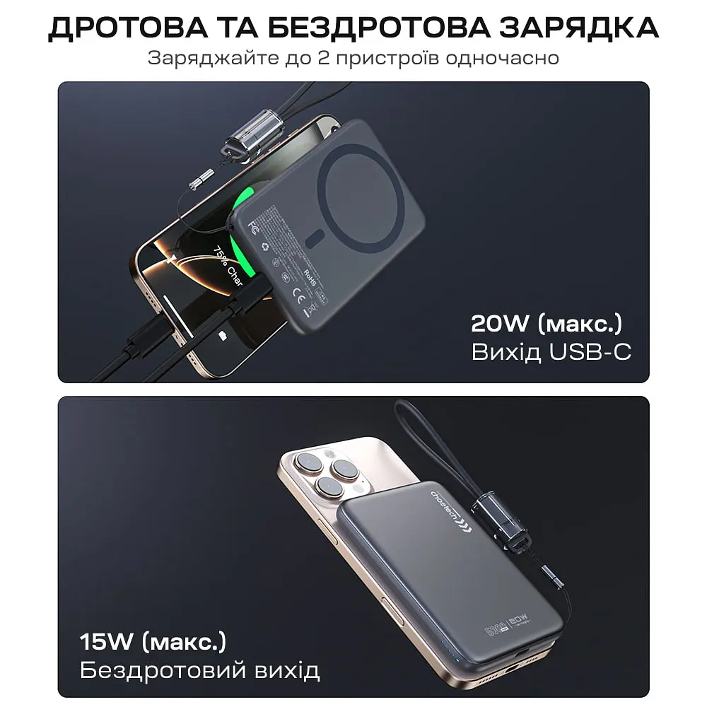 Повербанк 5000mAh Choetech B861 Grey 20W QC3.0 PD3.0 бездротова магнітна зарядка MagSafe (43-00167) - фото 7