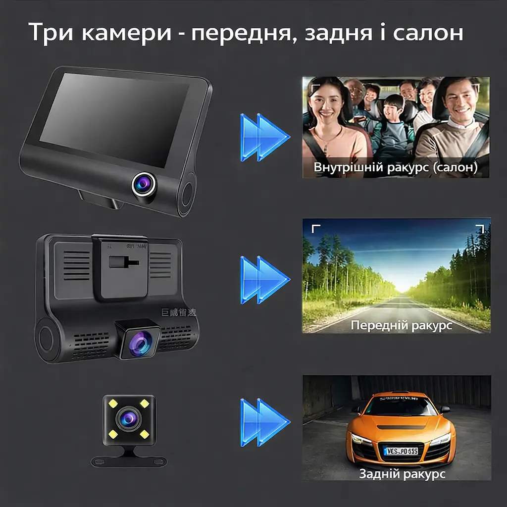 Відеореєстратор автомобільний 3 камери, екран 4″, запис дороги та салону - фото 7