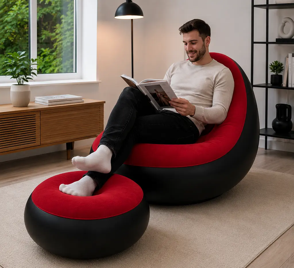Надувний диван з пуфом Air Sofa / Надувне велюрове крісло з пуфом+насос Червоний - фото 3