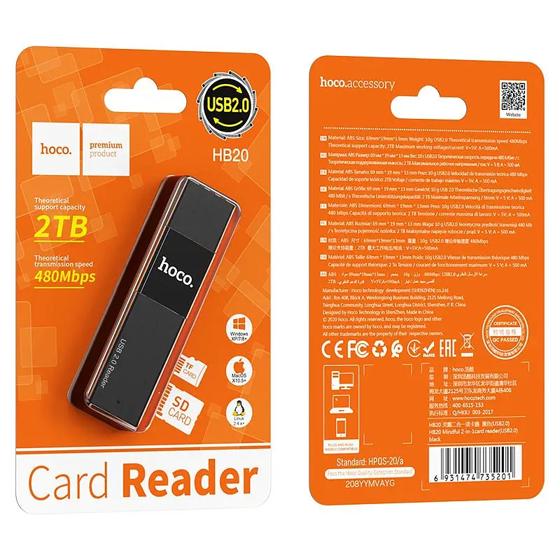 Кардрідер Hoco HB20 Mindful 2-in-1card reader ( USB 2.0 ) Black - фото 4
