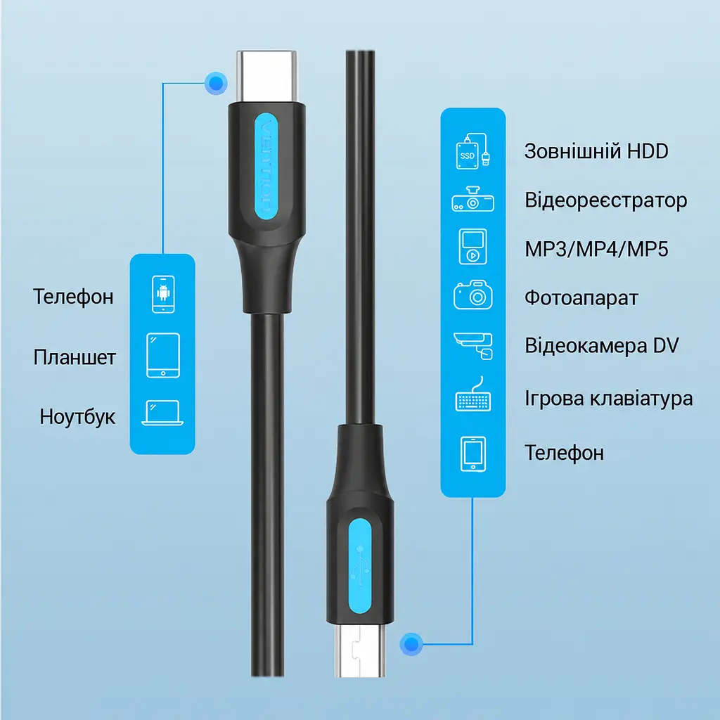 Кабель Vention COWBF USB-C - Mini-USB 1 м чорний (COWBF) - фото 10