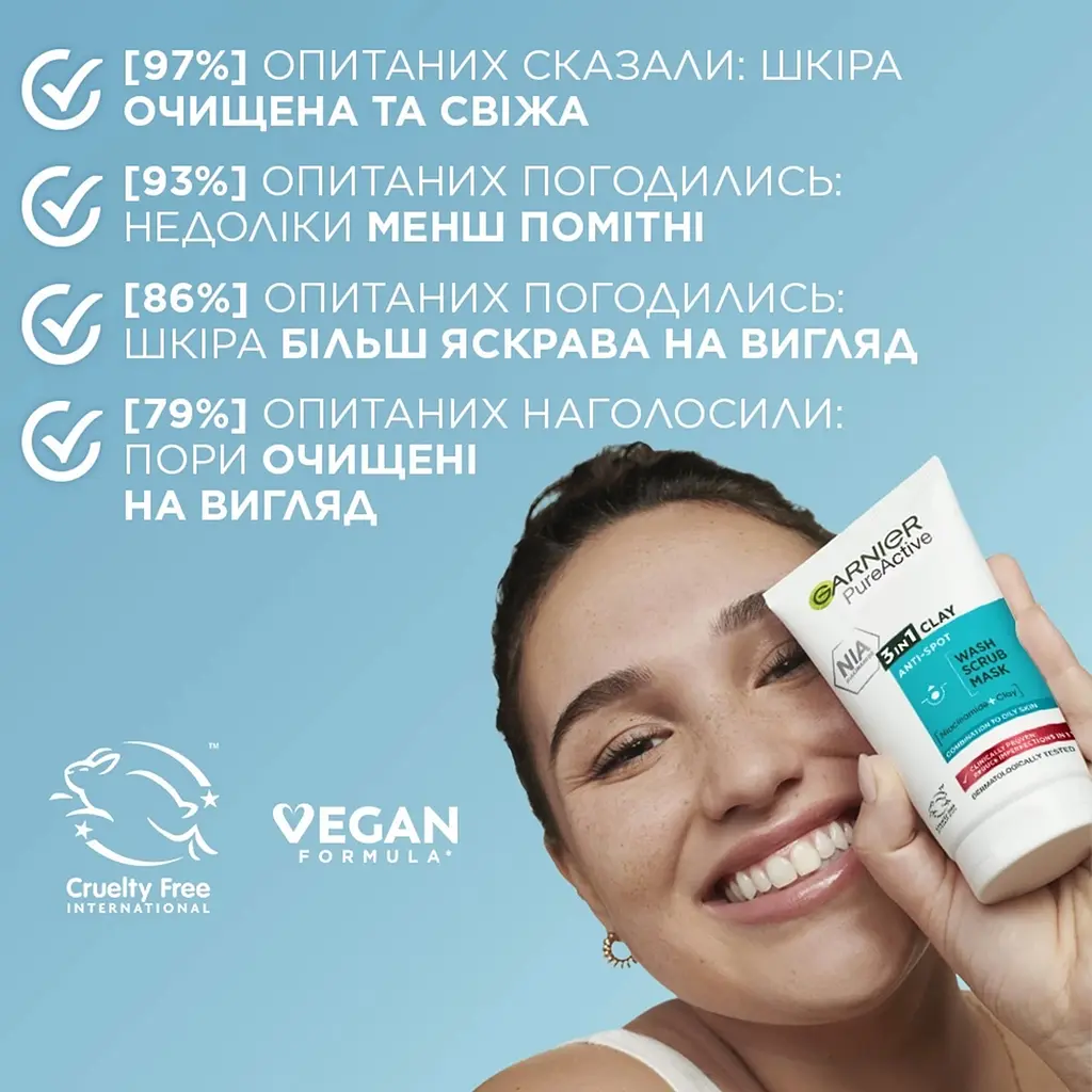 Гель для вмивання, скраб, маска для обличчя Garnier Skin Naturals Чиста шкіра 3 в 1, 150 мл (C1841807) - фото 7