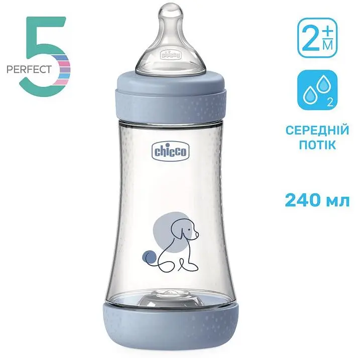 Бутылка для кормления Chicco Perfect 5 пластиковая с силиконовой соской 2+ месяца голубой 240 мл (20223.22.40) - фото 2