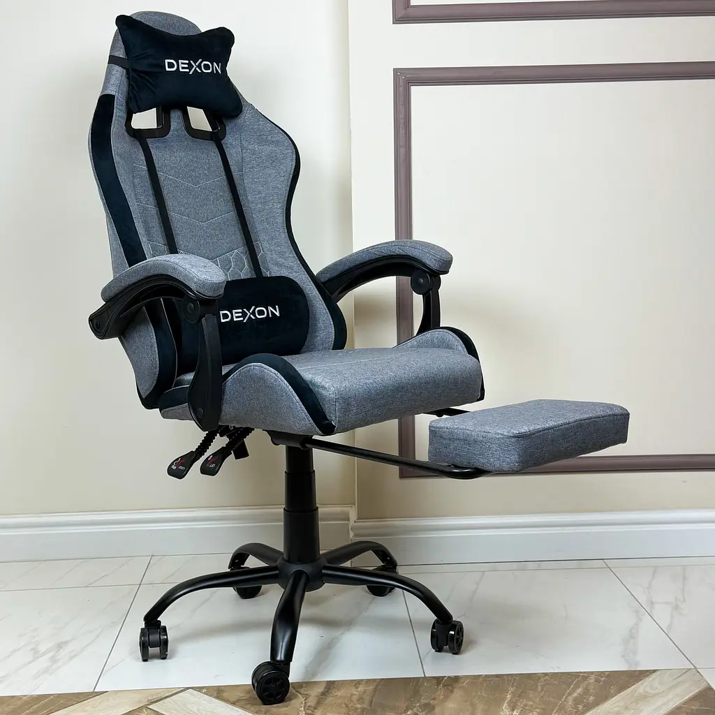 Геймерське крісло DEXON ORION X з підставкою для ніг, з тканини+подушки велюр, металева хрестовина, Сірий - фото 4