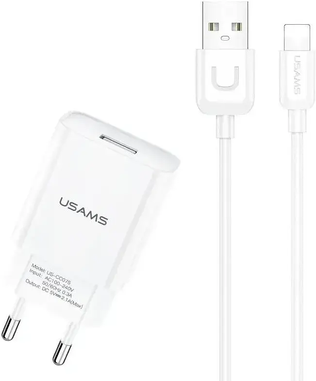 Зарядний пристрій Usams T21 Charger kit T18 Single USB 2.1A with Lightning Cable white - фото 5