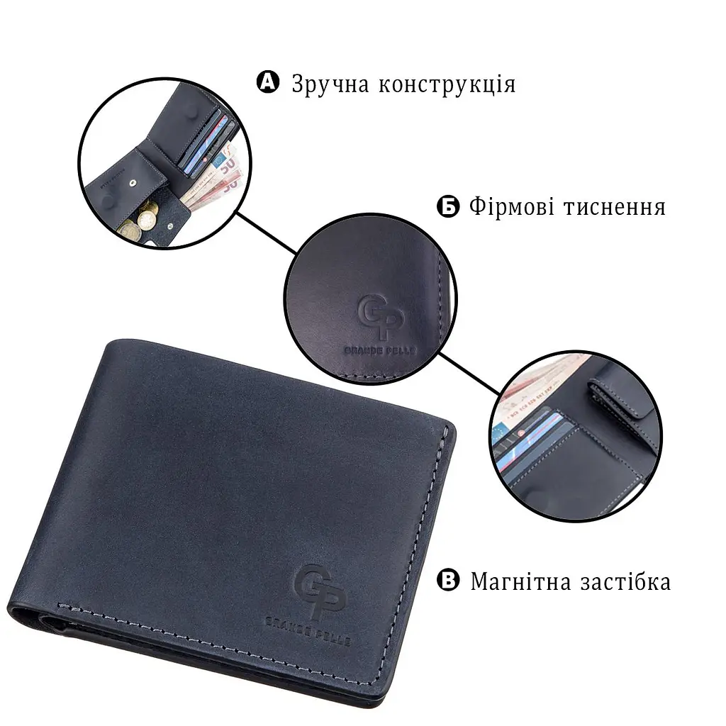 Компактне портмоне унісекс на магніті Grande Pelle 11209 синій - фото 4