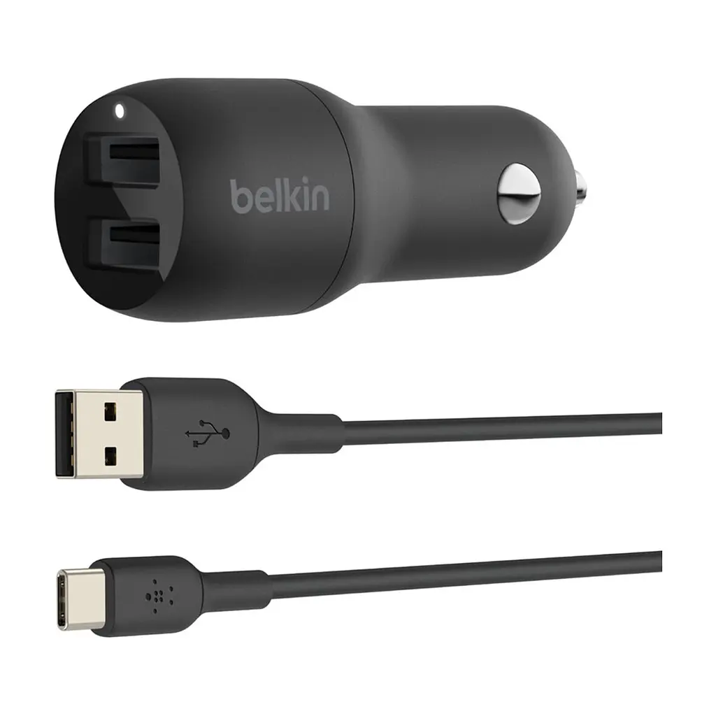 Зарядний пристрій Belkin Car Charger (24W) Dual USB-A, USB-A - USB-C, 1m, black (CCE001BT1MBK)