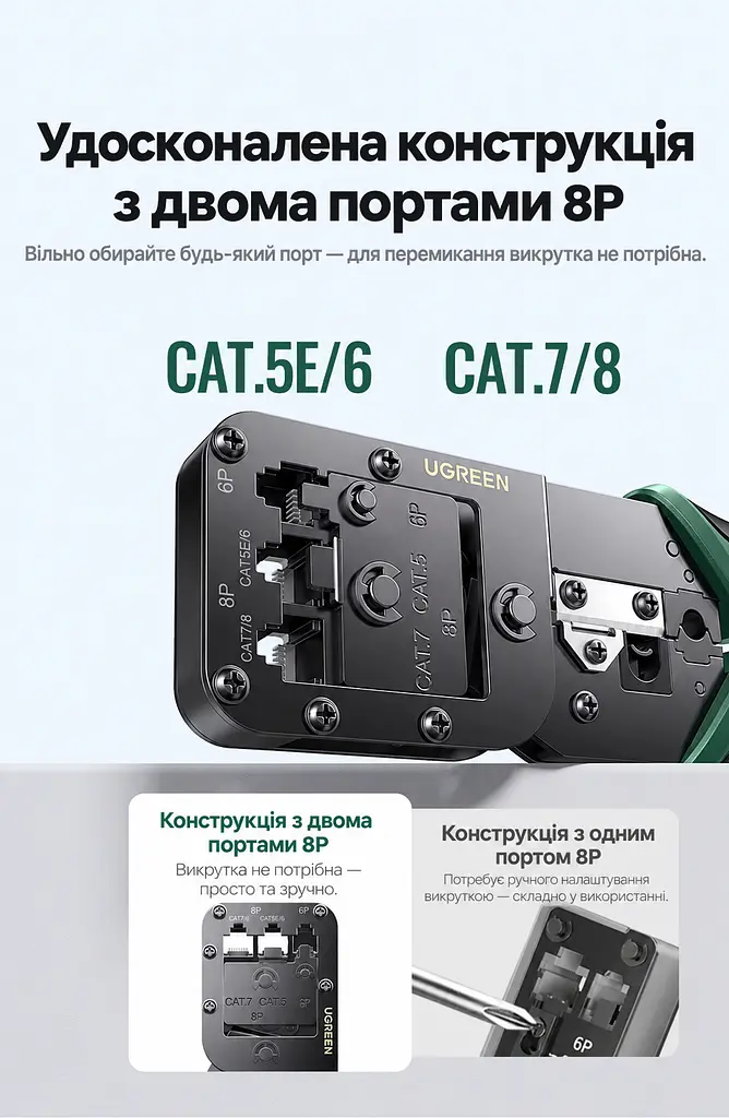 Обтискні кліщі для мережевого кабелю UGREEN NW200 кримпер для RJ45 8P та RJ11 6P зі зняттям ізоляції та різанням для конекторів Cat5 / Cat5e / Cat6 / Cat6a / Cat7 / Cat8 не для наскрізних конекторів або 4P з обтисканням хвостового затискача два отвори 8P без перемикання викруткою з м’якими нековзними руків’ями з фіксувальним кільцем для зберігання чорні (15115) - фото 3