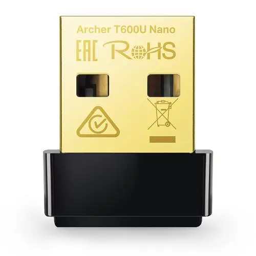 Мережний адаптер USB TP-LINK Archer T600U Nano, чорний, 5GHz/2.4GHz, AC600 (433/200 Мбіт/с), USB 2.0, мініатюрний розмір