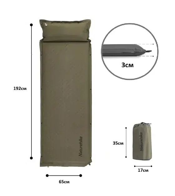 Коврик самонадувающийся Naturehike (CNK2300DZ014) 3см - с подушкой - одноместный - темно-зеленый - фото 3