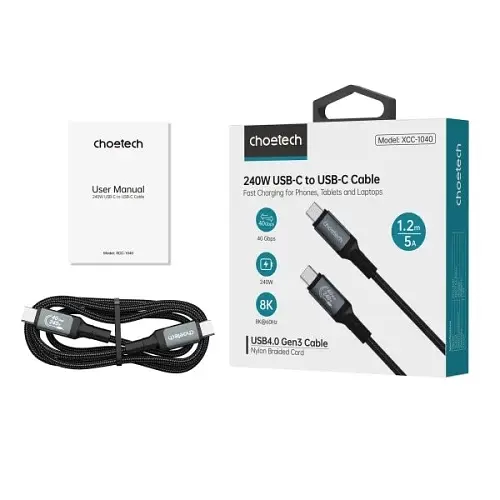 Кабель Choetech Type-C - Type-C, 1.2 м, Black 240 Вт teh0020787 - фото 2